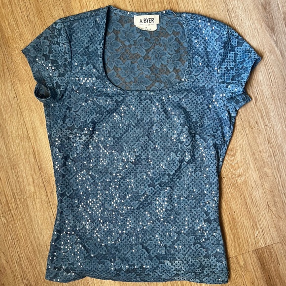 Vintage 90s Y2K Sequin Square Neck Lace Top - Picture 2 of 7